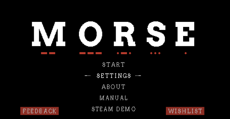 MORSE game main menu showing Settings option